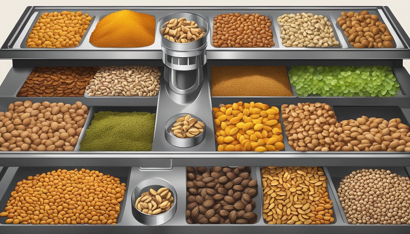 Assorted nuts spread out on a dehydrator tray, surrounded by various flavoring and seasoning options