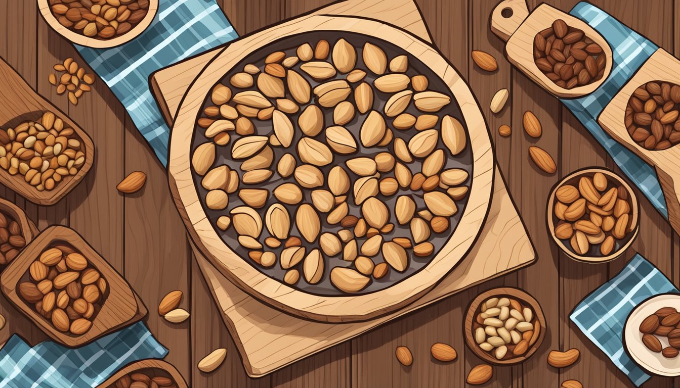 Dehydrated nuts arranged in a decorative pattern on a wooden cutting board, surrounded by various nuts and a dehydrator machine in the background