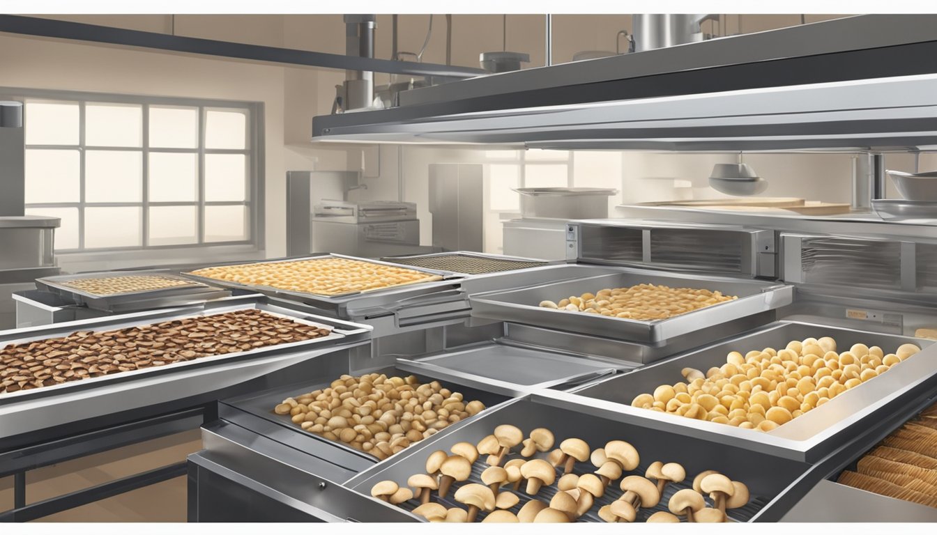 Fresh mushrooms being sliced and arranged on dehydrator trays, with the machine set up in a well-lit kitchen