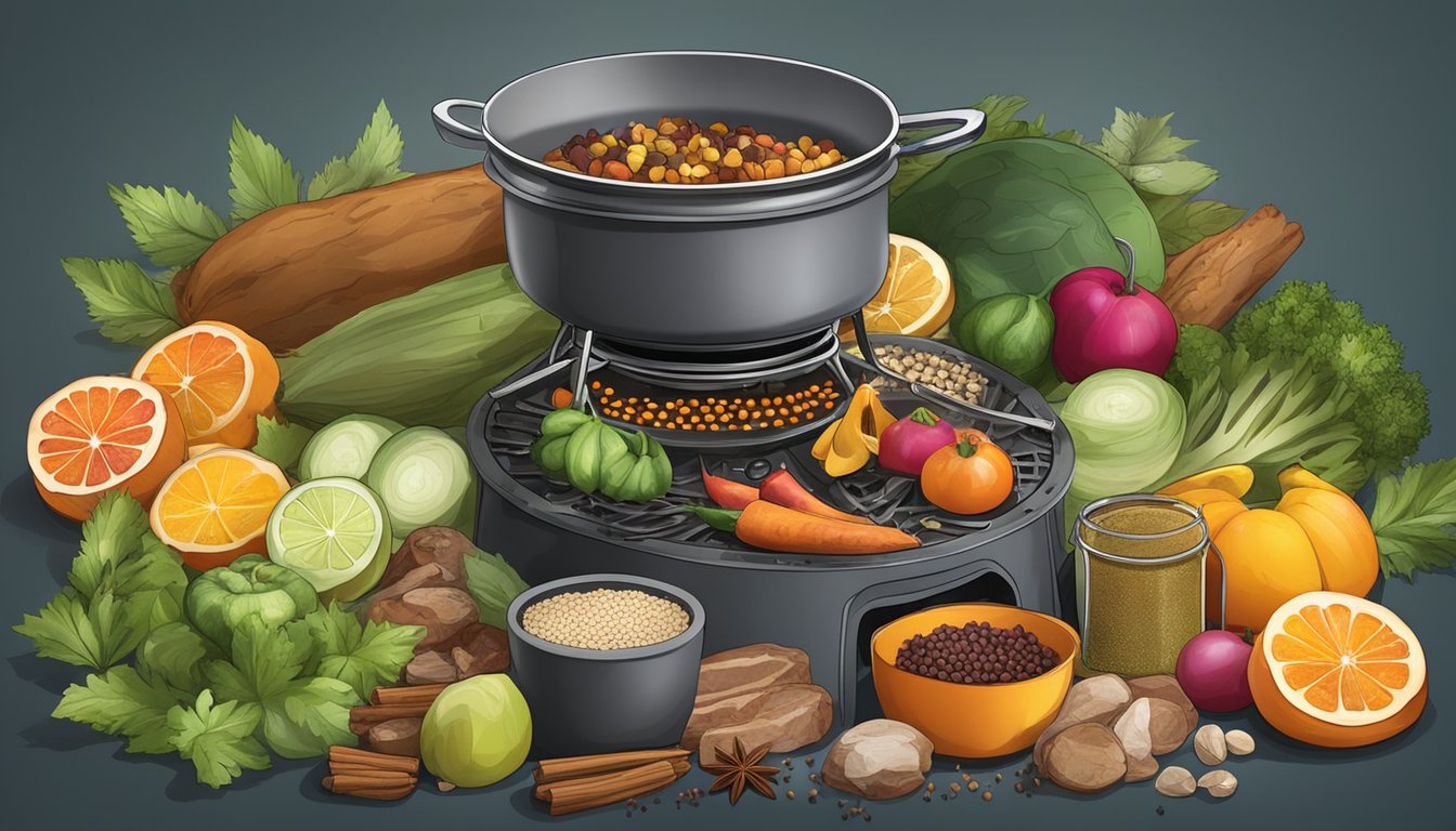 A backpacker's camp stove surrounded by dehydrated fruits, vegetables, and meats, with a variety of spices and seasonings nearby