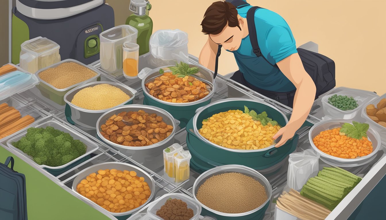 A backpacker pours prepared food onto dehydrator trays, surrounded by various dehydrated ingredients and equipment