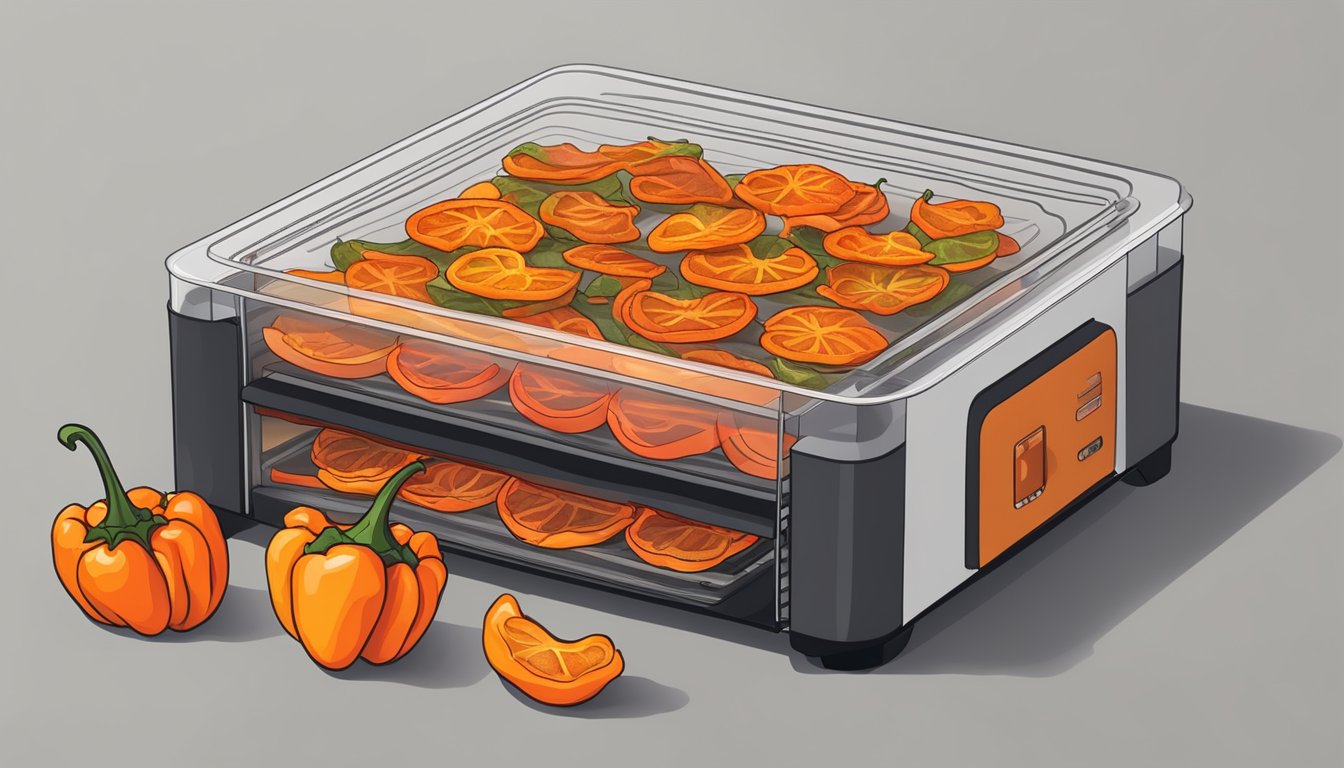 A dehydrator filled with sliced habanero peppers, set to low heat, with warm air circulating around them