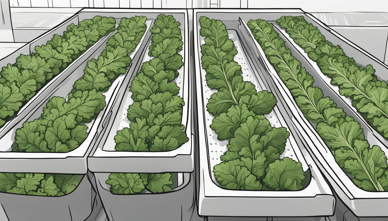 Fresh kale leaves laid out on dehydrator trays, ready to be dried