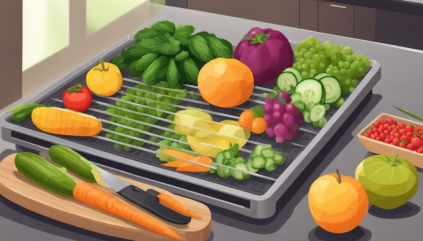 Fresh fruits and vegetables laid out on dehydrator trays, with a knife and cutting board nearby