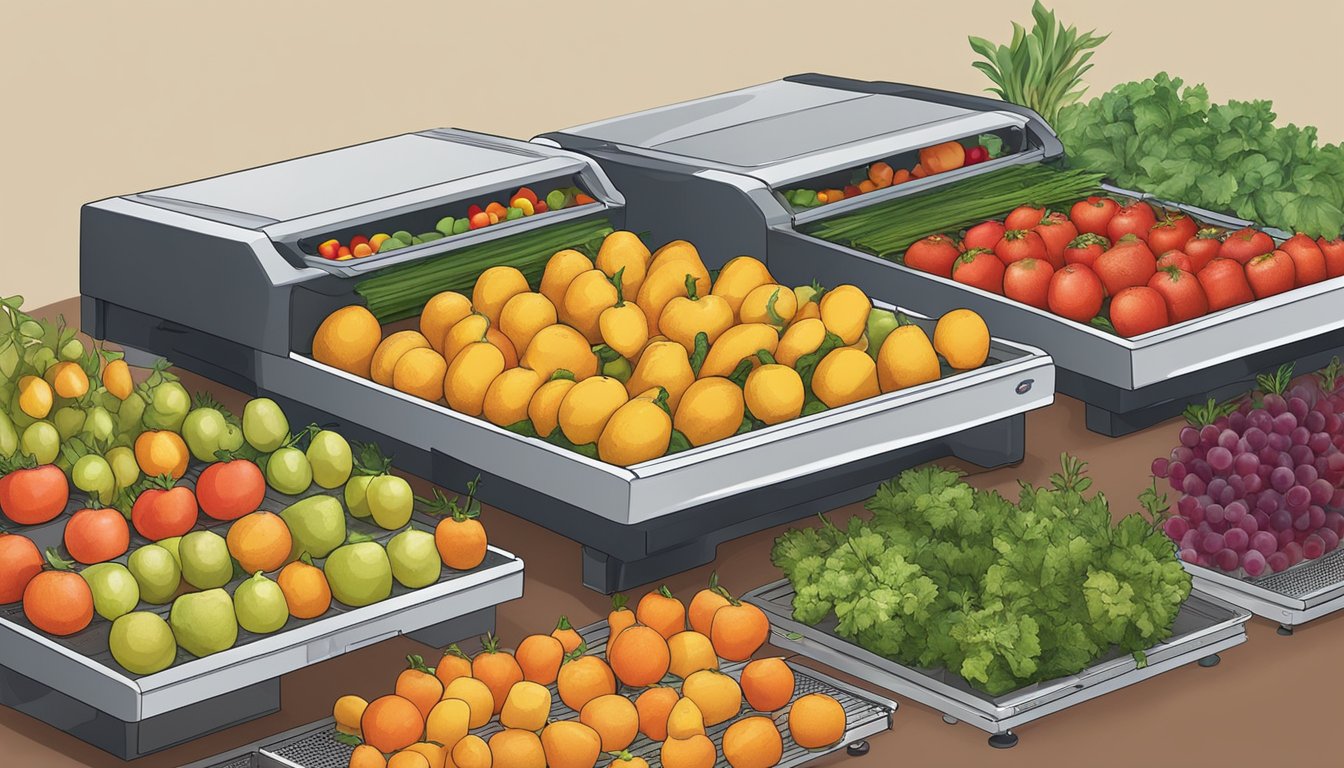 Assorted fruits, vegetables, and herbs laid out on dehydrator trays, with the machine set to low heat