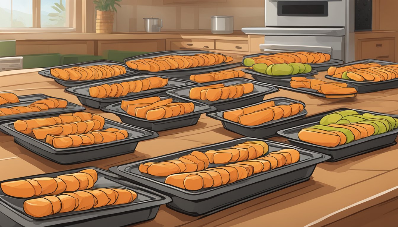 Ripe papaya slices laid out on dehydrator trays, surrounded by a warm, dry environment