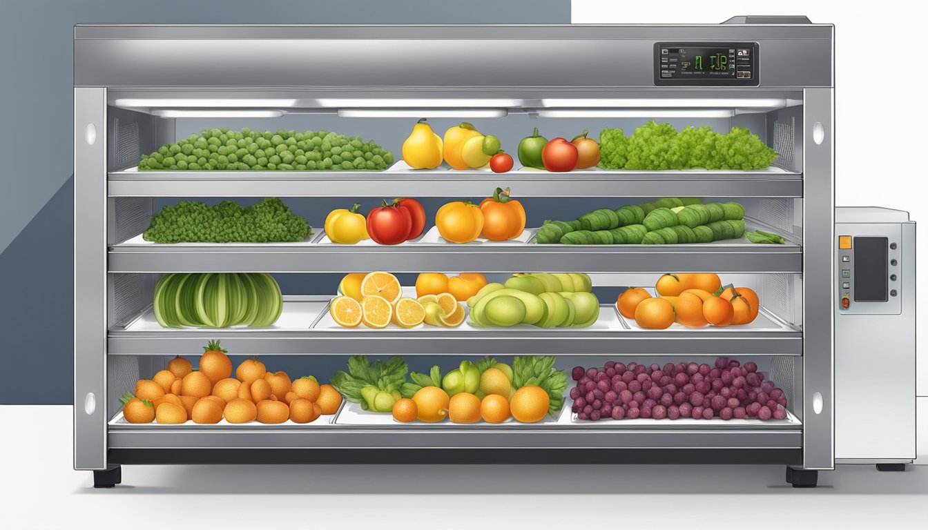 Fruits and vegetables laid out on dehydrator trays, with the machine running and warm air circulating around them