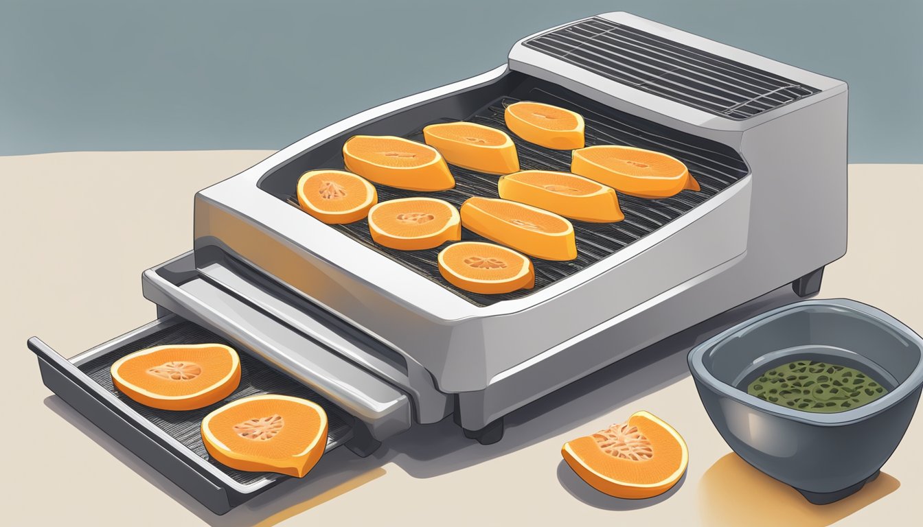 Fresh papaya slices laid out on a dehydrator tray, with the machine set to a low temperature. A bowl of lemon juice sits nearby for dipping the slices before dehydration