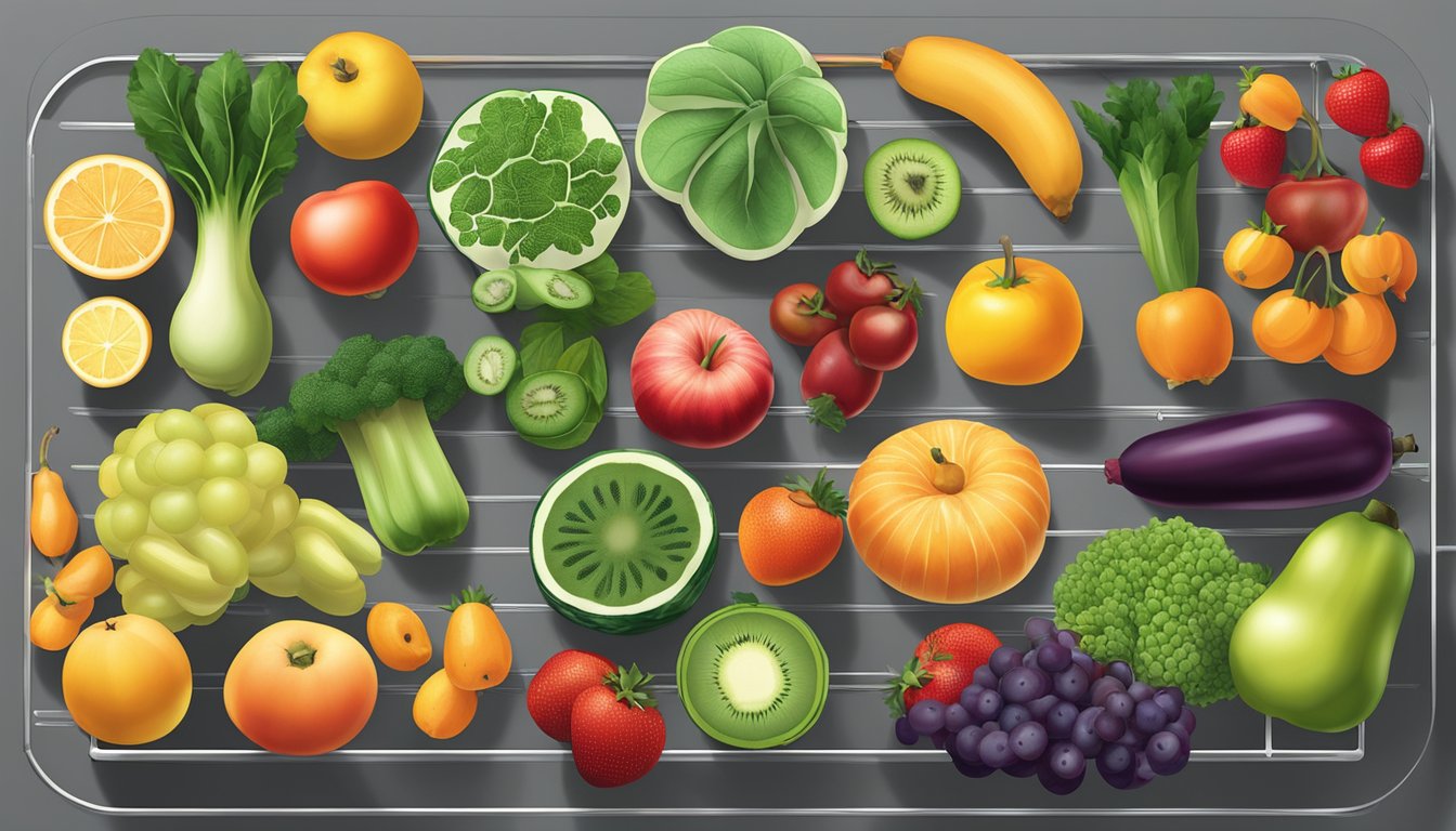 A variety of fruits and vegetables laid out on a mesh dehydrator tray, with warm air circulating around them