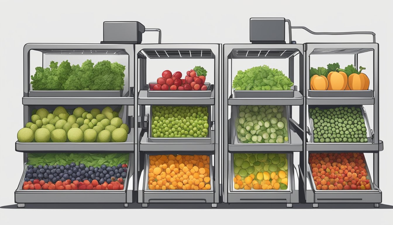 Fresh fruits and vegetables laid out on dehydrator trays, with the machine set up and ready to begin the dehydration process