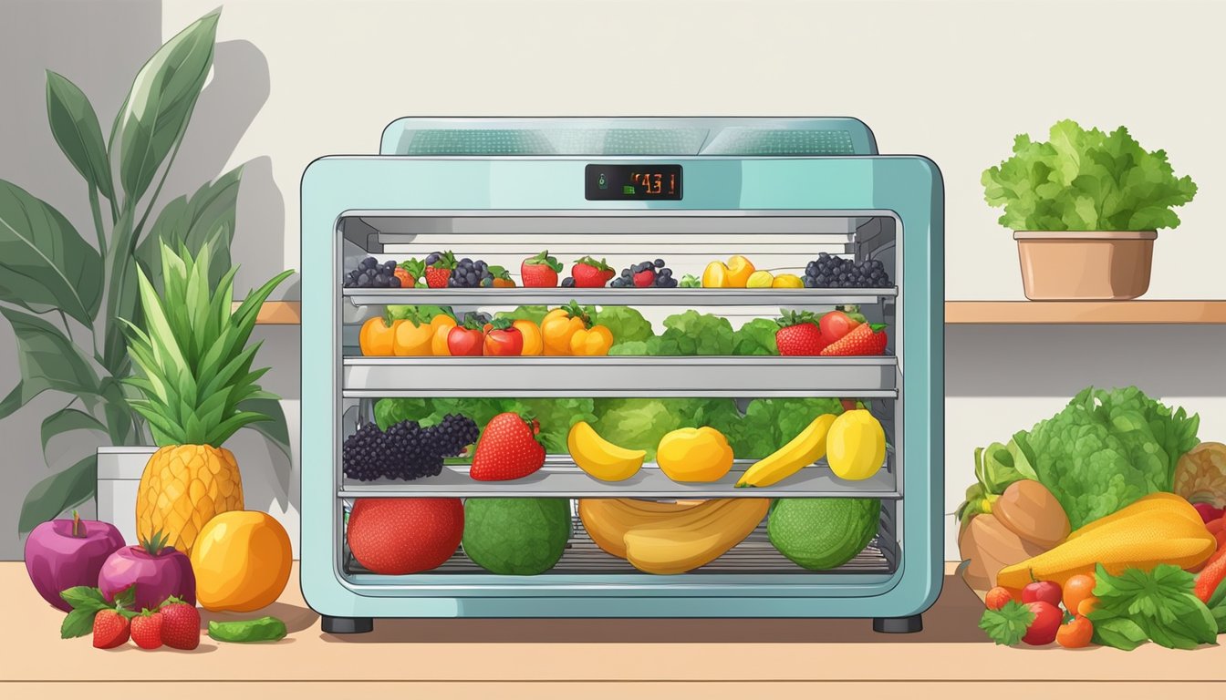 Assorted fruits and vegetables arranged on dehydrator trays, with the machine set to a low temperature, emitting a gentle hum