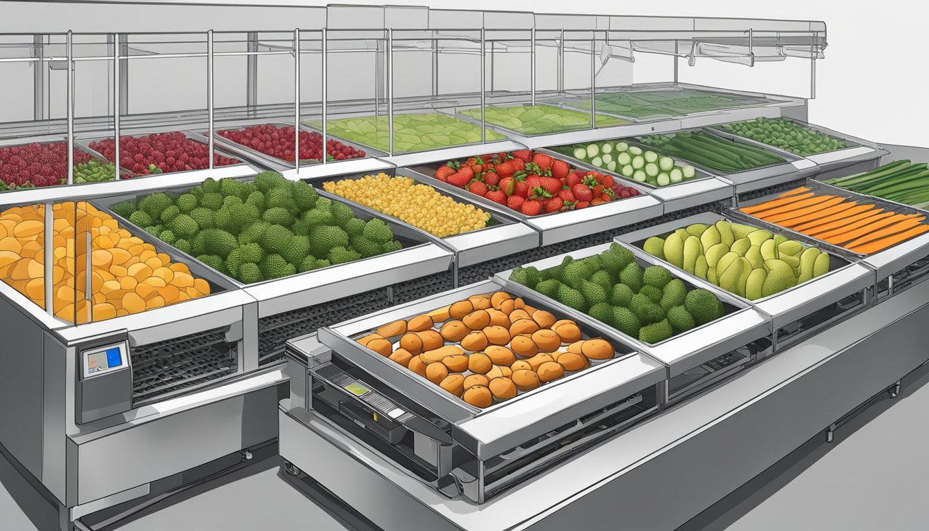 Fresh fruit and vegetables laid out on dehydrator trays, with the machine set to optimize dehydration process