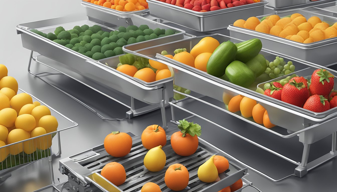 Assorted fruits and vegetables laid out on dehydrator trays, with a machine in the background