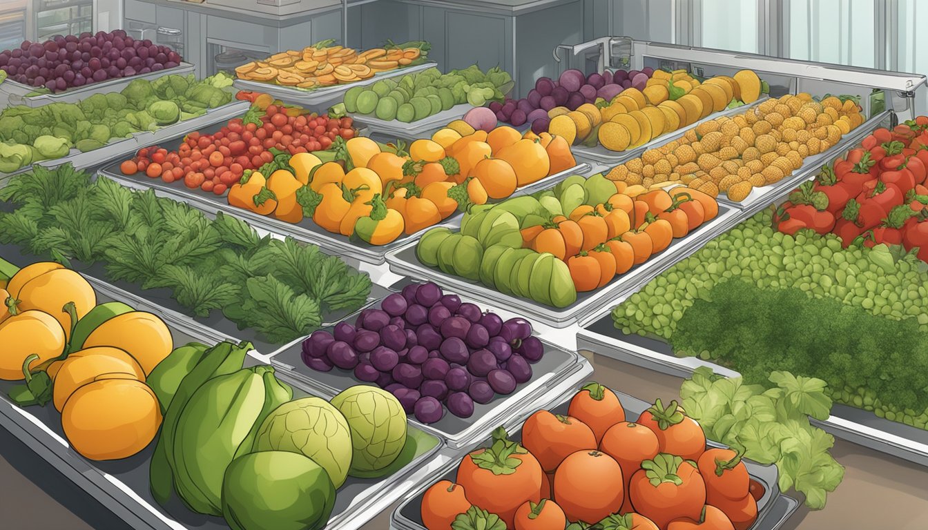 A variety of fruits and vegetables laid out on trays, with a dehydrator machine in the background