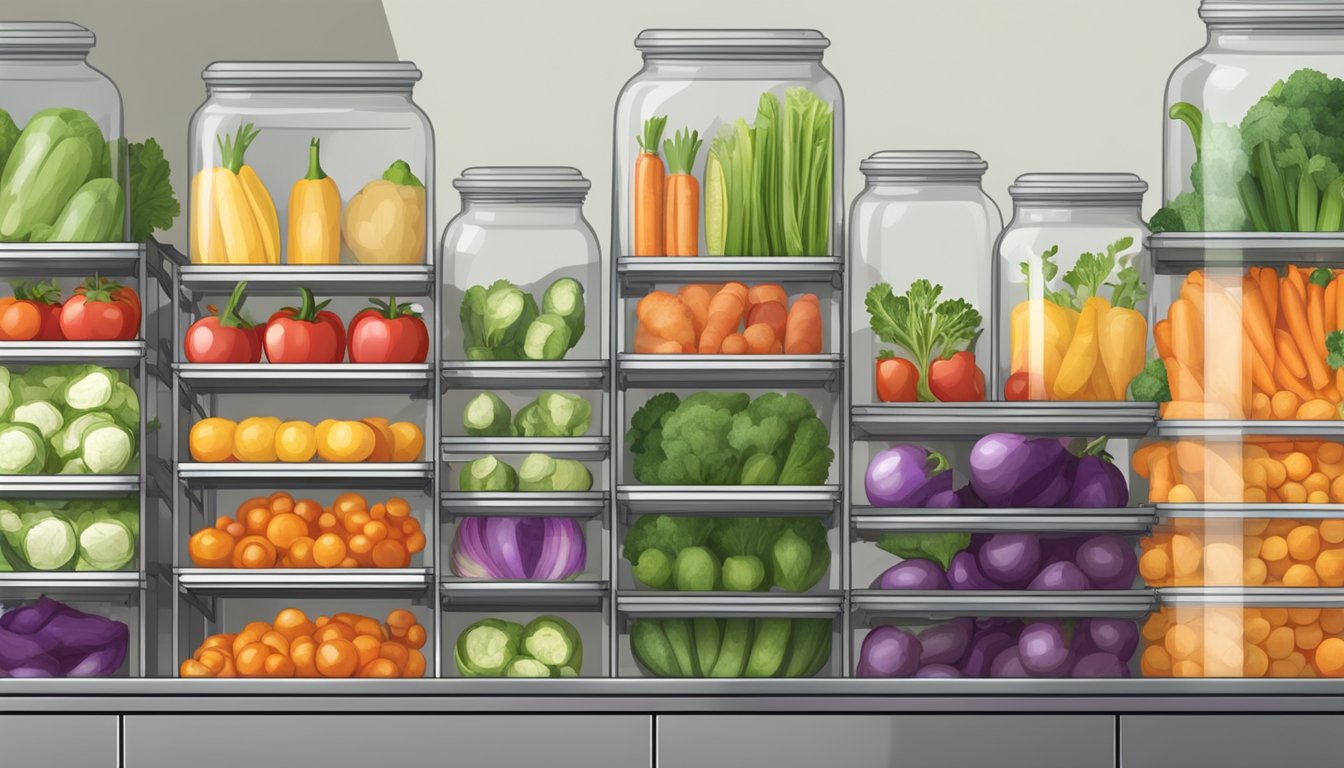 Fresh vegetables arranged on dehydrator trays, surrounded by jars and containers for storage