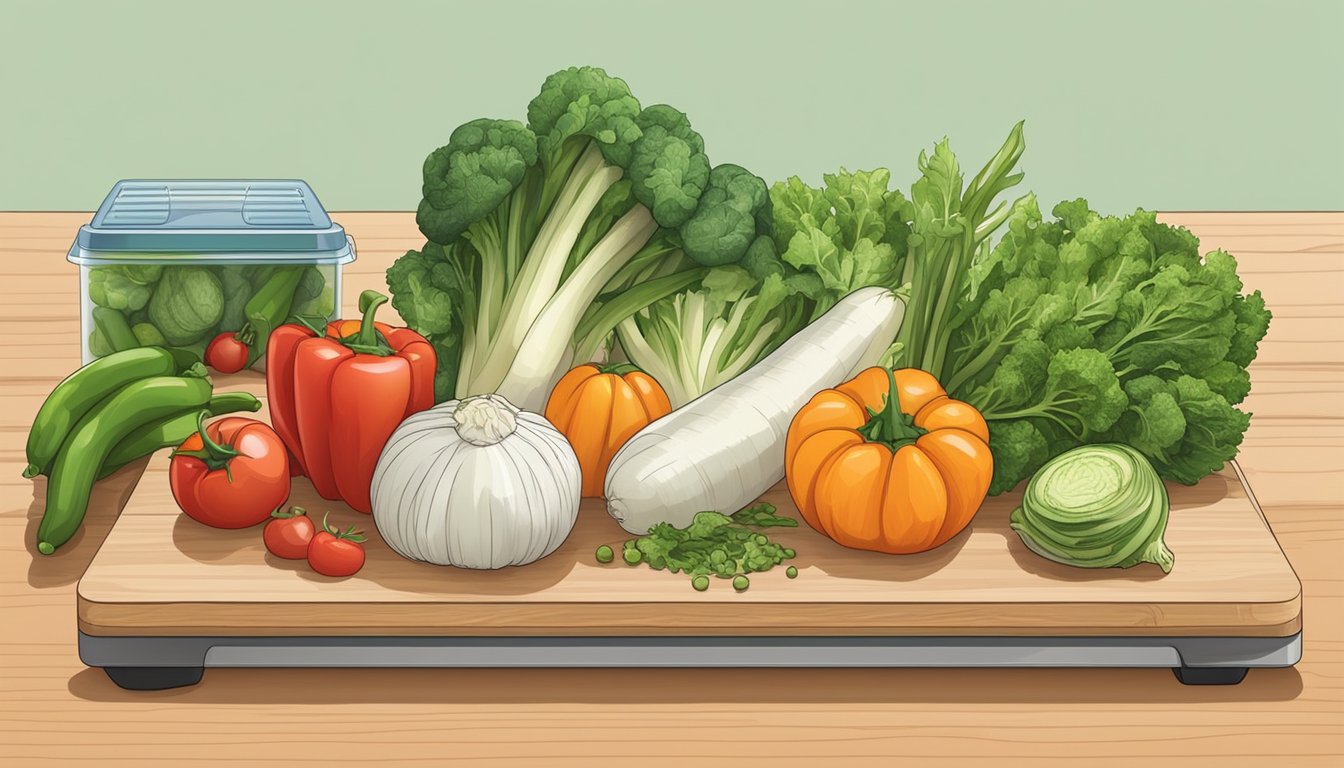 Fresh vegetables laid out on a cutting board, with a dehydrator and various storage containers nearby