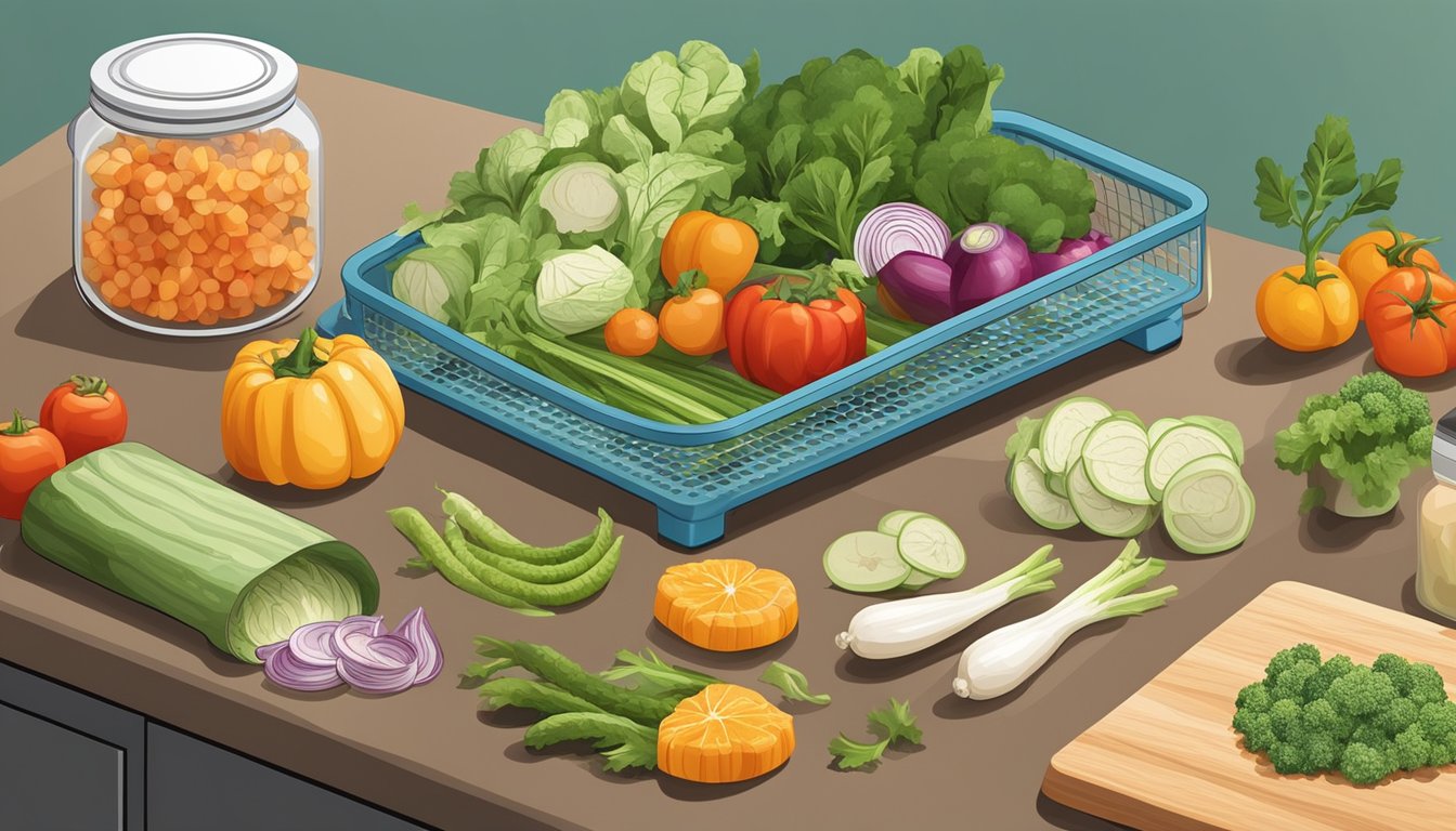 Fresh vegetables laid out on a cutting board, with a dehydrator and various storage containers nearby