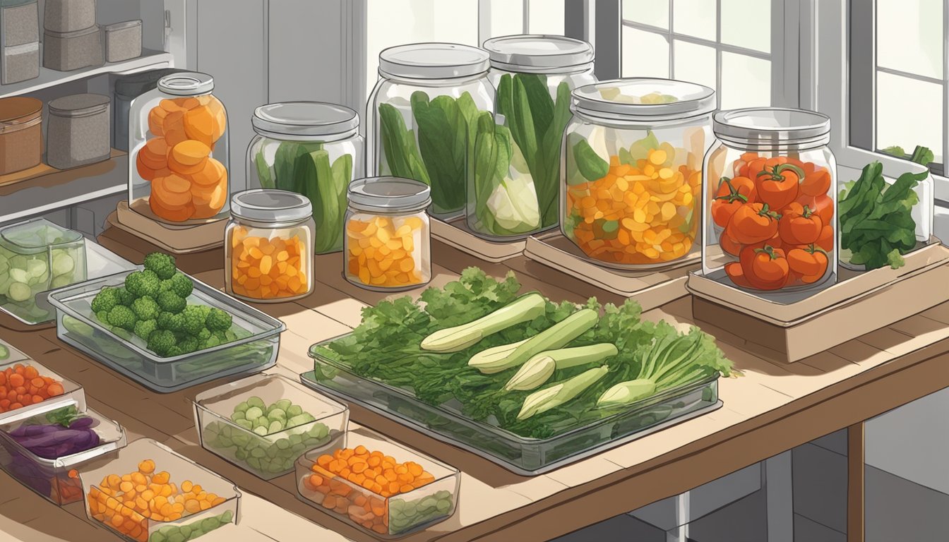 Fresh vegetables arranged on dehydrator trays, surrounded by jars and containers for storage. A guidebook on dehydrating techniques sits open nearby