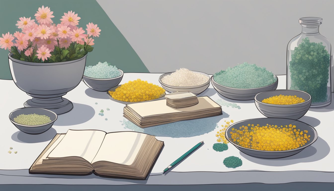 A table with various flowers laid out to dry, surrounded by small bowls of silica gel and a stack of heavy books for pressing