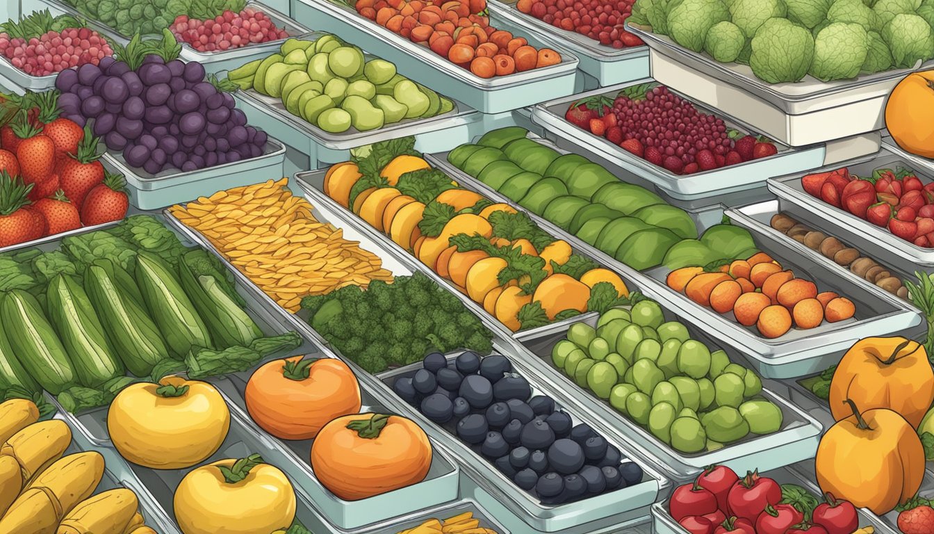 Fresh fruits and vegetables being sliced and arranged on dehydrator trays