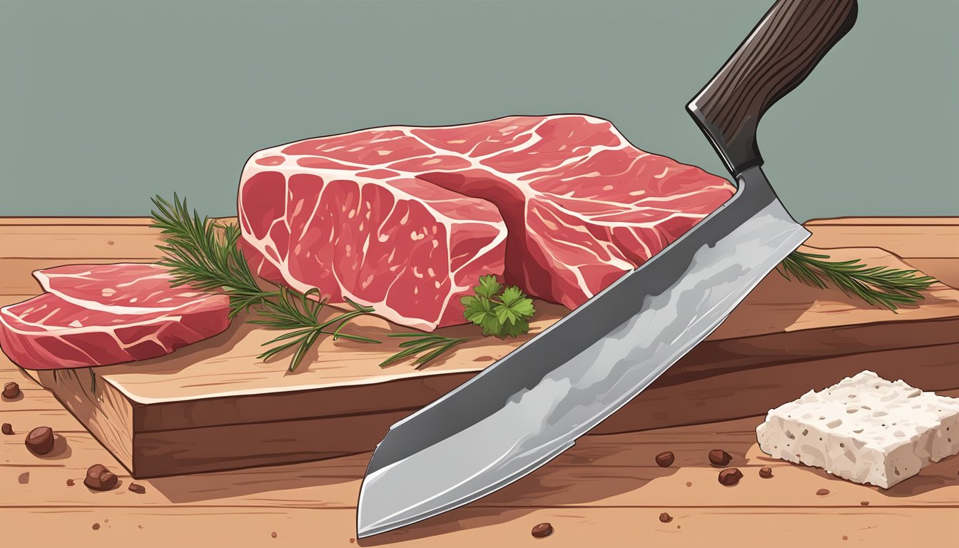 A butcher's knife slices through a slab of raw meat, prepping it for dehydration and beef jerky production