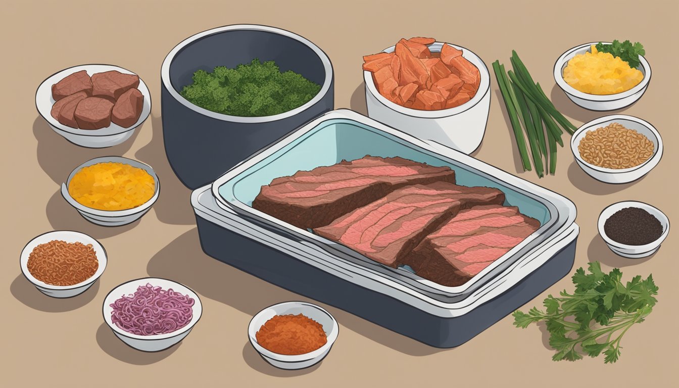 A bowl of marinade ingredients being mixed together with strips of beef laid out on a dehydrator tray nearby