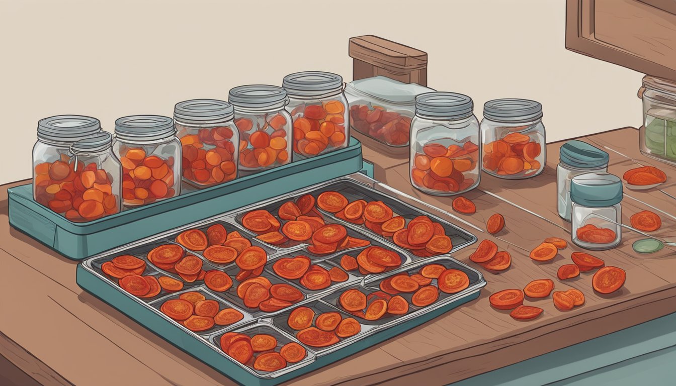 Tomatoes being sliced and placed on dehydrator trays, with jars of dried tomatoes being sealed for storage