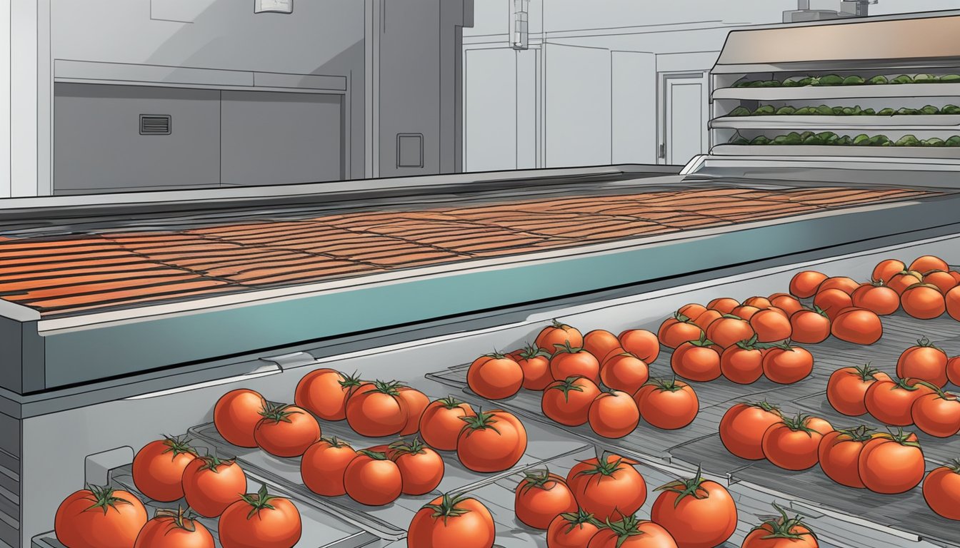 Fresh tomatoes are sliced into thin rounds and arranged on dehydrator trays. The dehydrator is set to the appropriate temperature and the tomatoes are left to dry until they are leathery