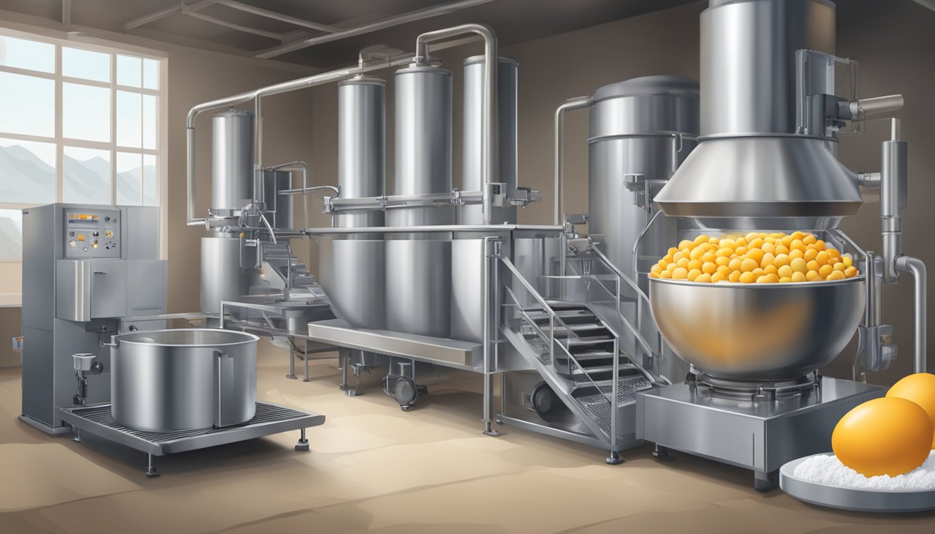 A large stainless steel machine pasteurizing eggs, followed by a dehydrator and a grinder turning the eggs into a fine powder