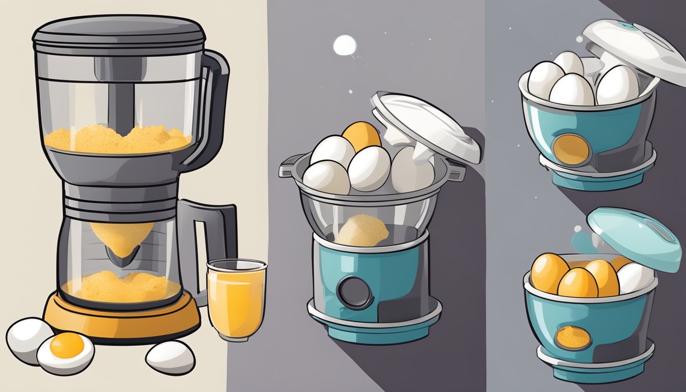 Eggs being cracked and poured into a dehydrator, then the dehydrated eggs being ground into a fine powder using a blender