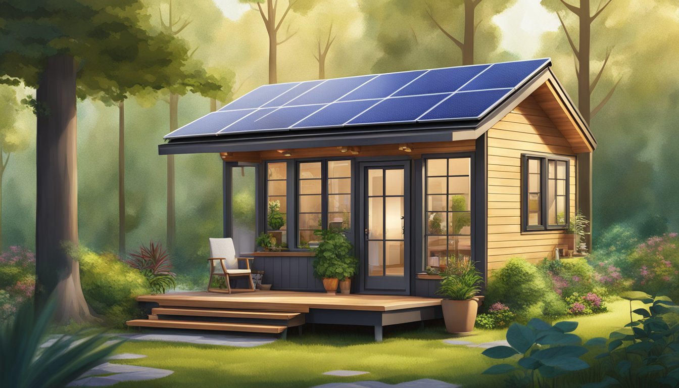 A cozy tiny house nestled in a lush, wooded setting, with a small garden and solar panels on the roof