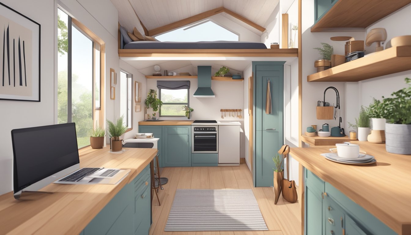 A cozy, minimalist interior with a lofted bed, compact kitchen, and multifunctional furniture in a tiny house design