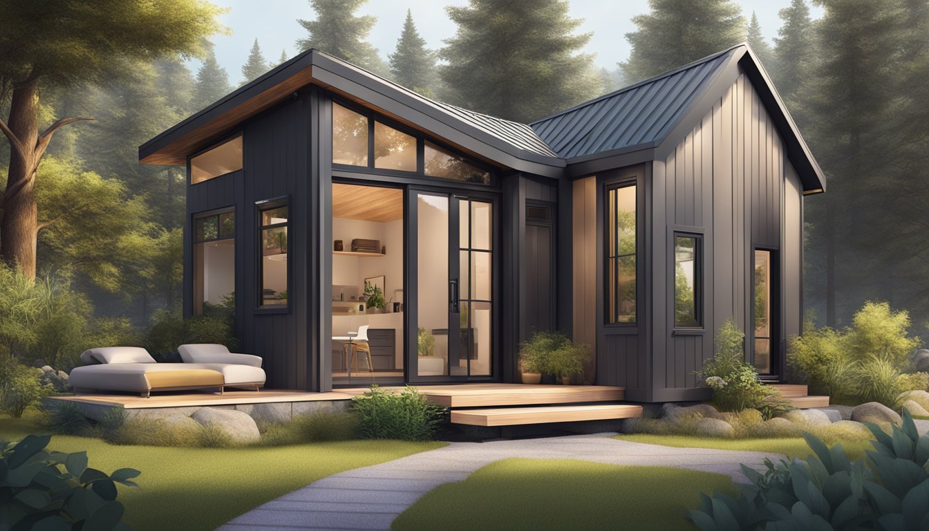 A cozy tiny house with sleek modern design, surrounded by nature and minimalist landscaping