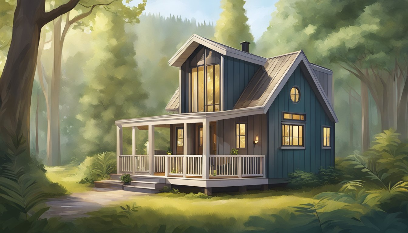 A cozy tiny home nestled in a lush forest, with a small porch and large windows to let in natural light