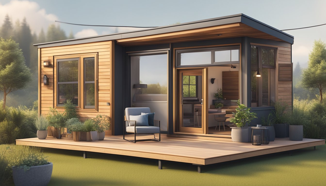 A tiny house with customizable features, such as interchangeable furniture and personalized decor, surrounded by nature