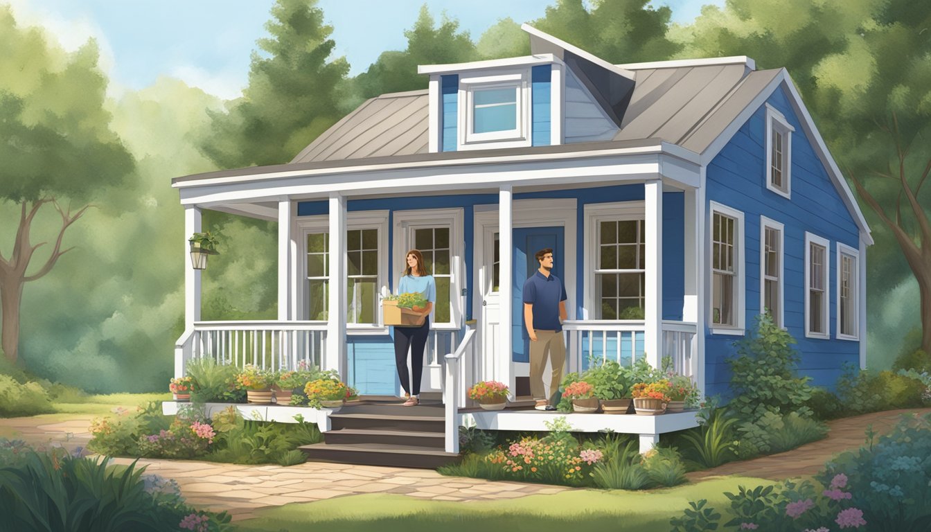 A couple stands outside a small, charming tiny house, surrounded by lush greenery and a clear blue sky. The house is quaint and cozy, with large windows and a welcoming front porch