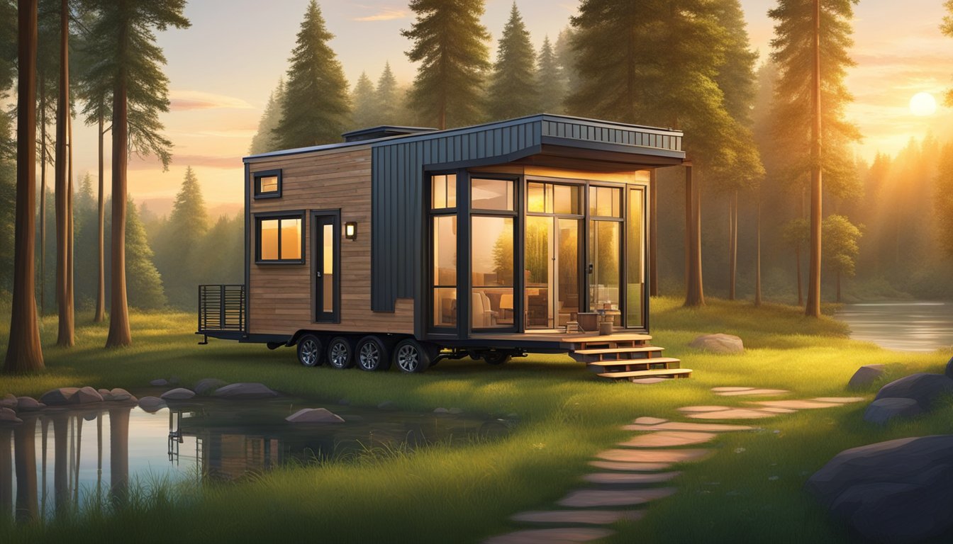 A tiny house on wheels parked in a lush green forest, surrounded by tall trees and a winding river, with the sun setting in the background