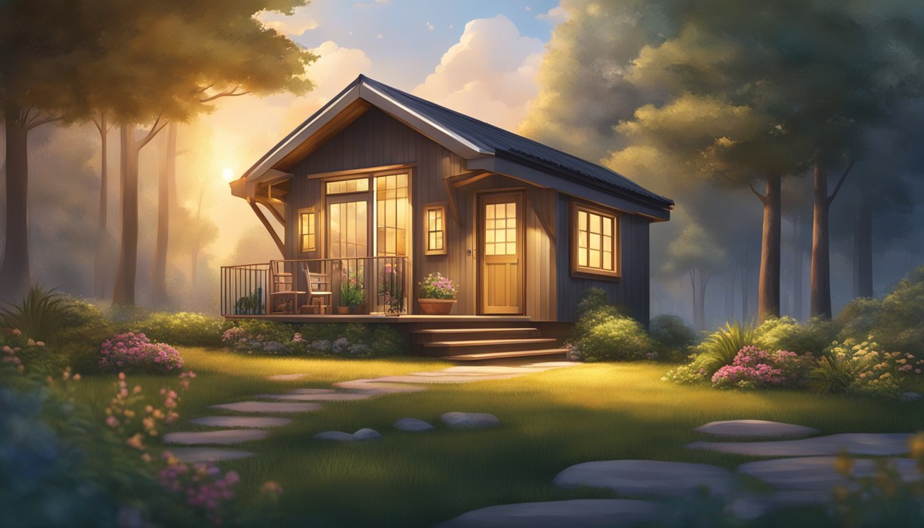 A cozy tiny house nestled in a serene natural setting, surrounded by lush trees and a small garden, with a warm glow emanating from the windows