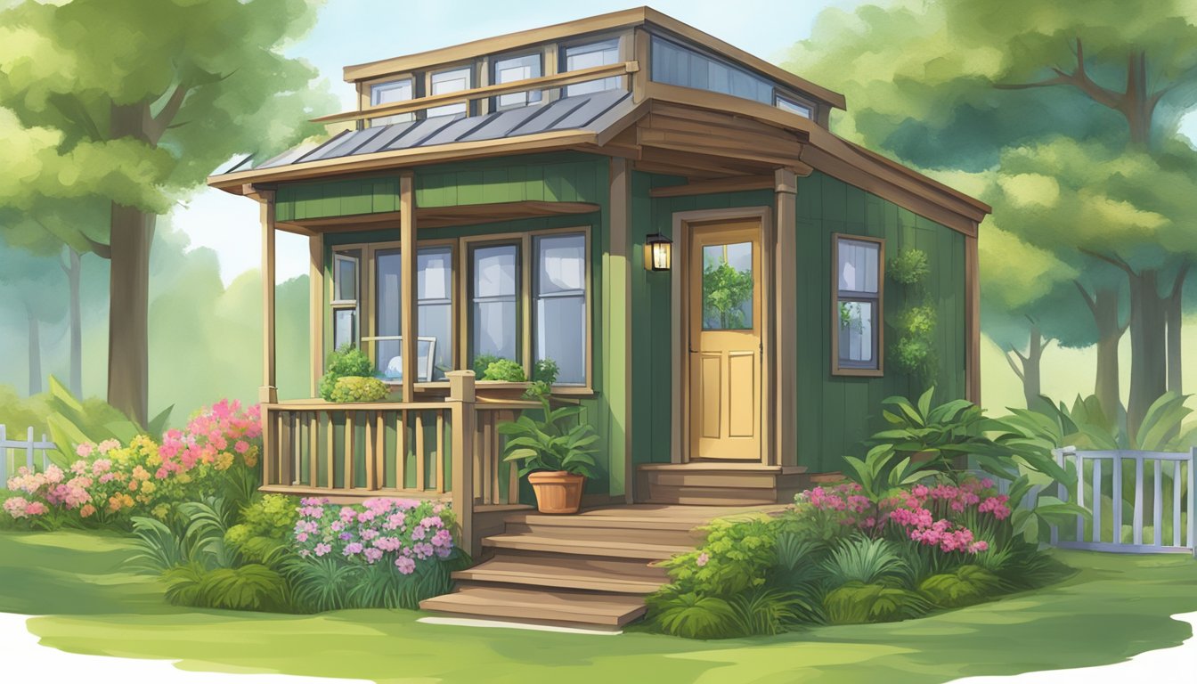 A cozy tiny house nestled in a lush, green landscape. A small porch with a welcoming chair and potted plants. A sign with "For Sale" displayed