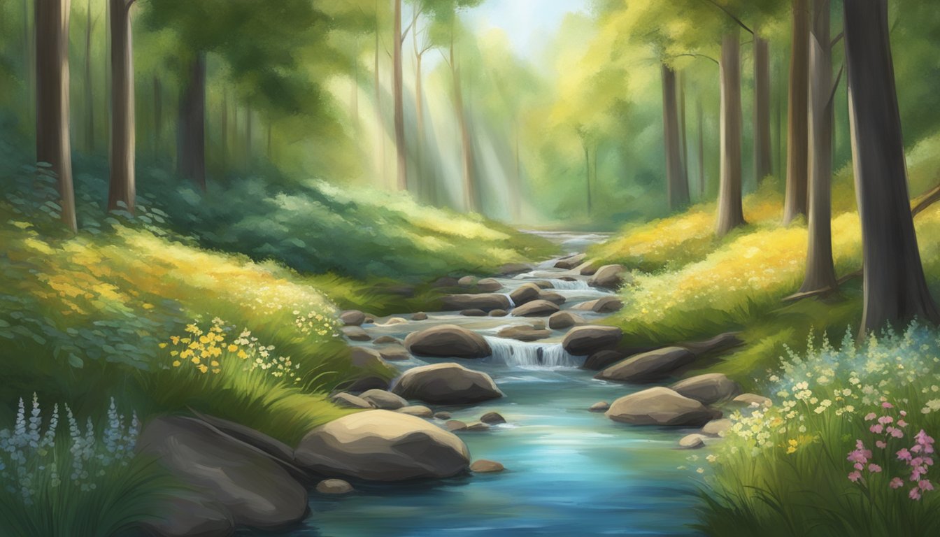 A serene forest clearing with a babbling brook and dappled sunlight, surrounded by tall trees and wildflowers