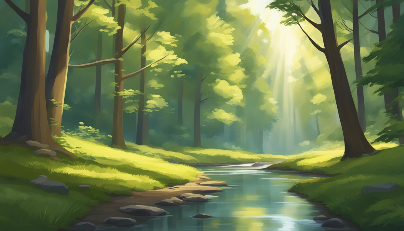 A serene forest clearing with a small stream, surrounded by tall trees and dappled sunlight, perfect for building a tiny house