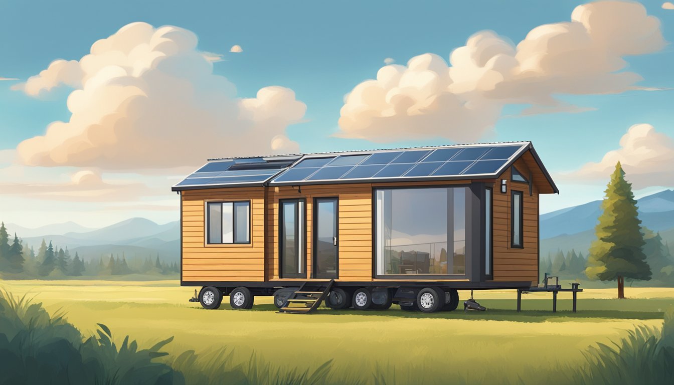 A tiny house on wheels parked on a grassy field, surrounded by trees and a clear blue sky. The house is compact and cozy, with a sloped roof and large windows