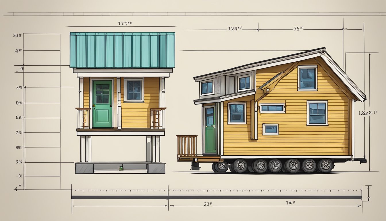 A tiny house on a scale with weight measurements displayed