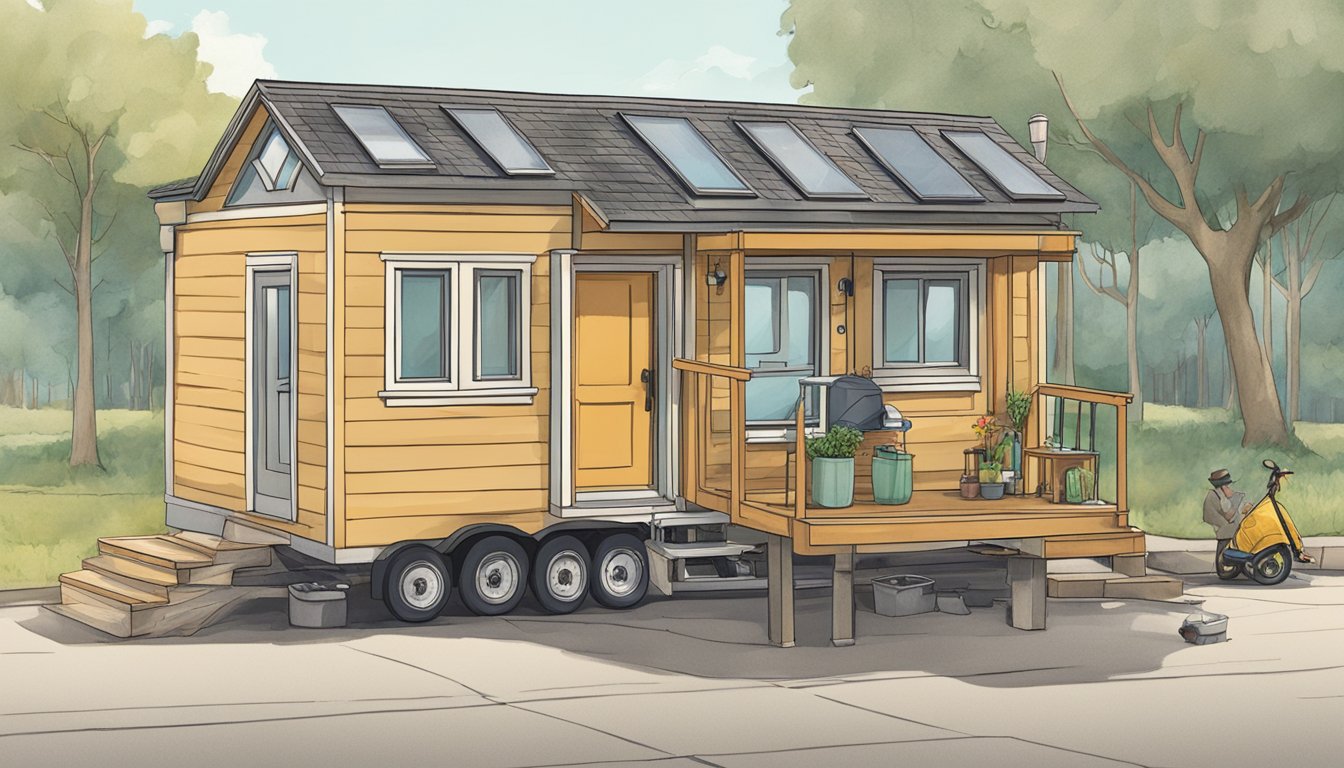 A tiny house on wheels being weighed on a large scale with a person observing nearby