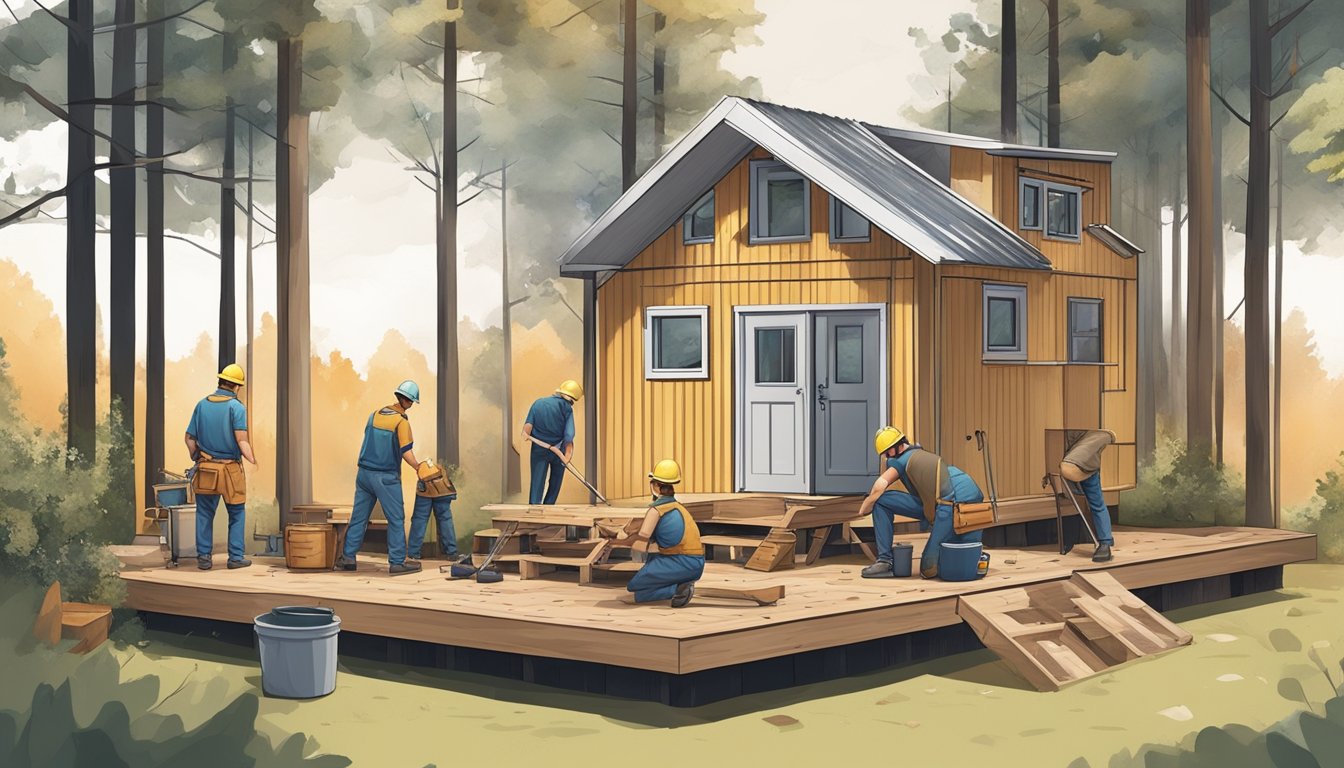 A team of builders construct a tiny house on a wooded lot with tools and materials scattered around the site