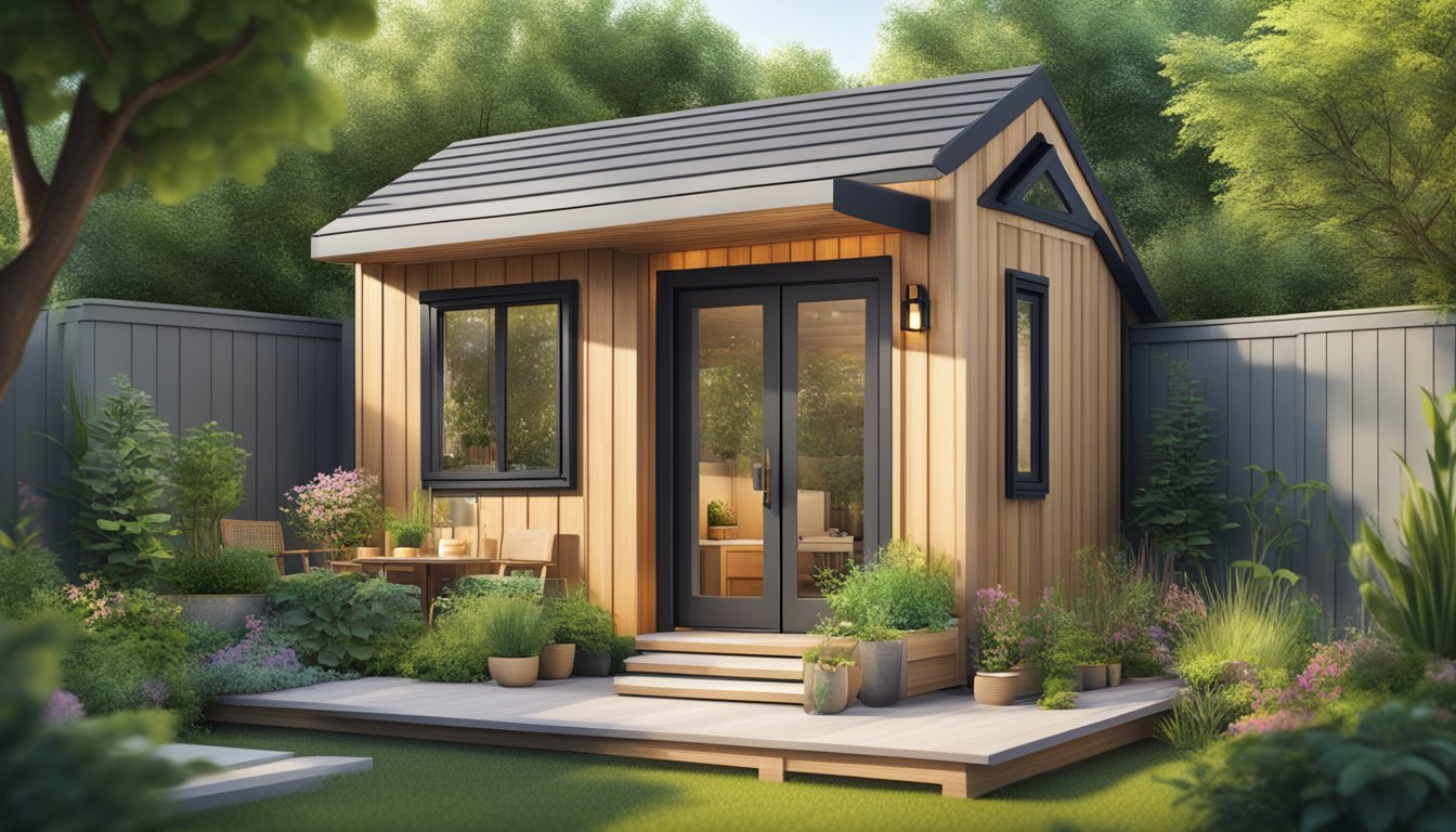 A cozy tiny house nestled among lush greenery, with a small patio and a garden, showcasing the sustainable and cost-effective future of tiny living