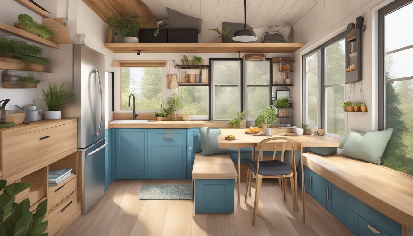 A cozy, clutter-free tiny house with clever storage solutions and multifunctional furniture. Large windows let in natural light, and a small outdoor space provides room for gardening or relaxing