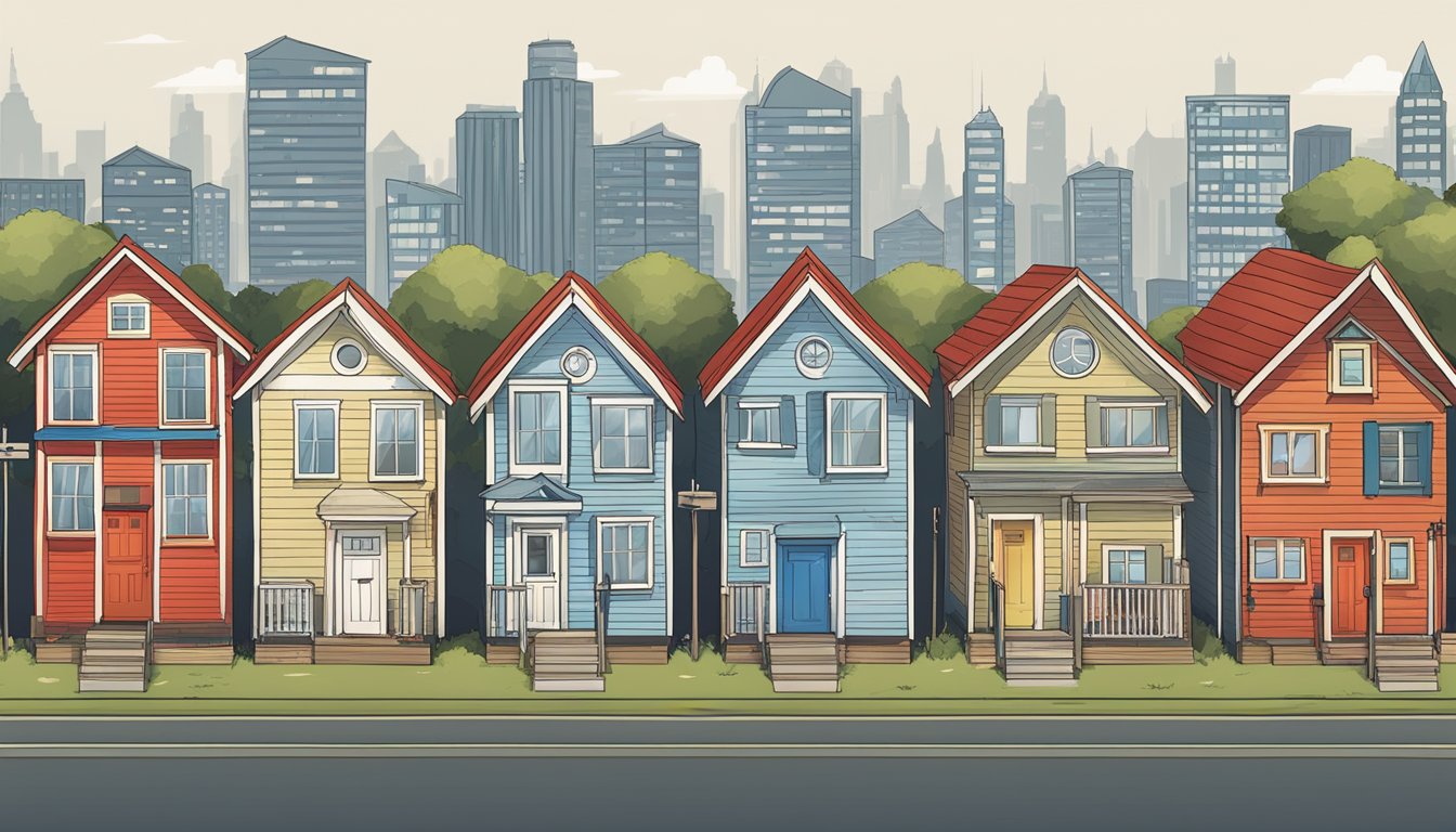 A row of tiny houses surrounded by red tape and "no entry" signs, with a city skyline in the background