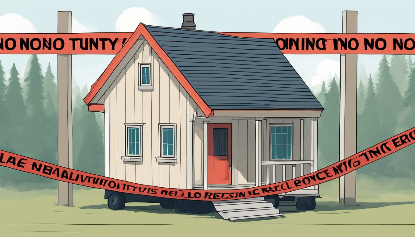 A tiny house is shown surrounded by red tape and a "no entry" sign, symbolizing legal restrictions on living space