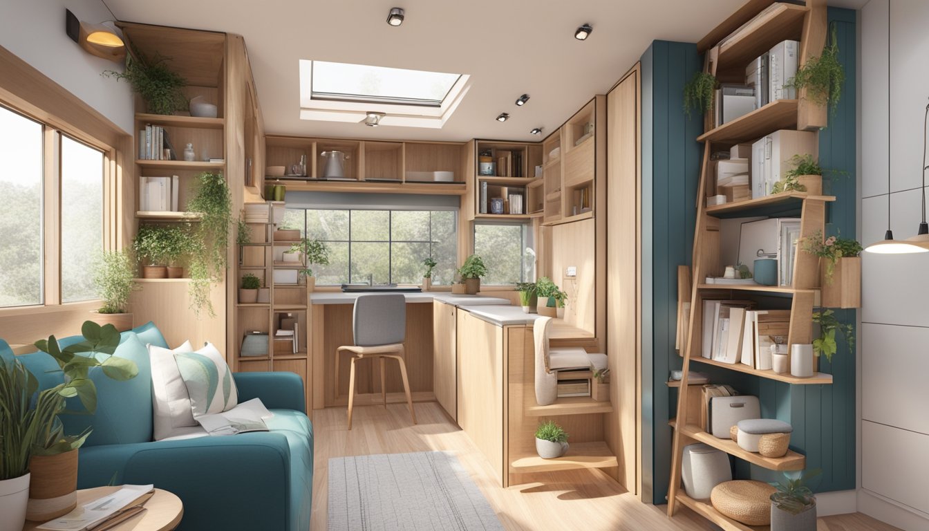 A tiny house with clever storage solutions, showcasing built-in shelves, hidden compartments, and multi-functional furniture